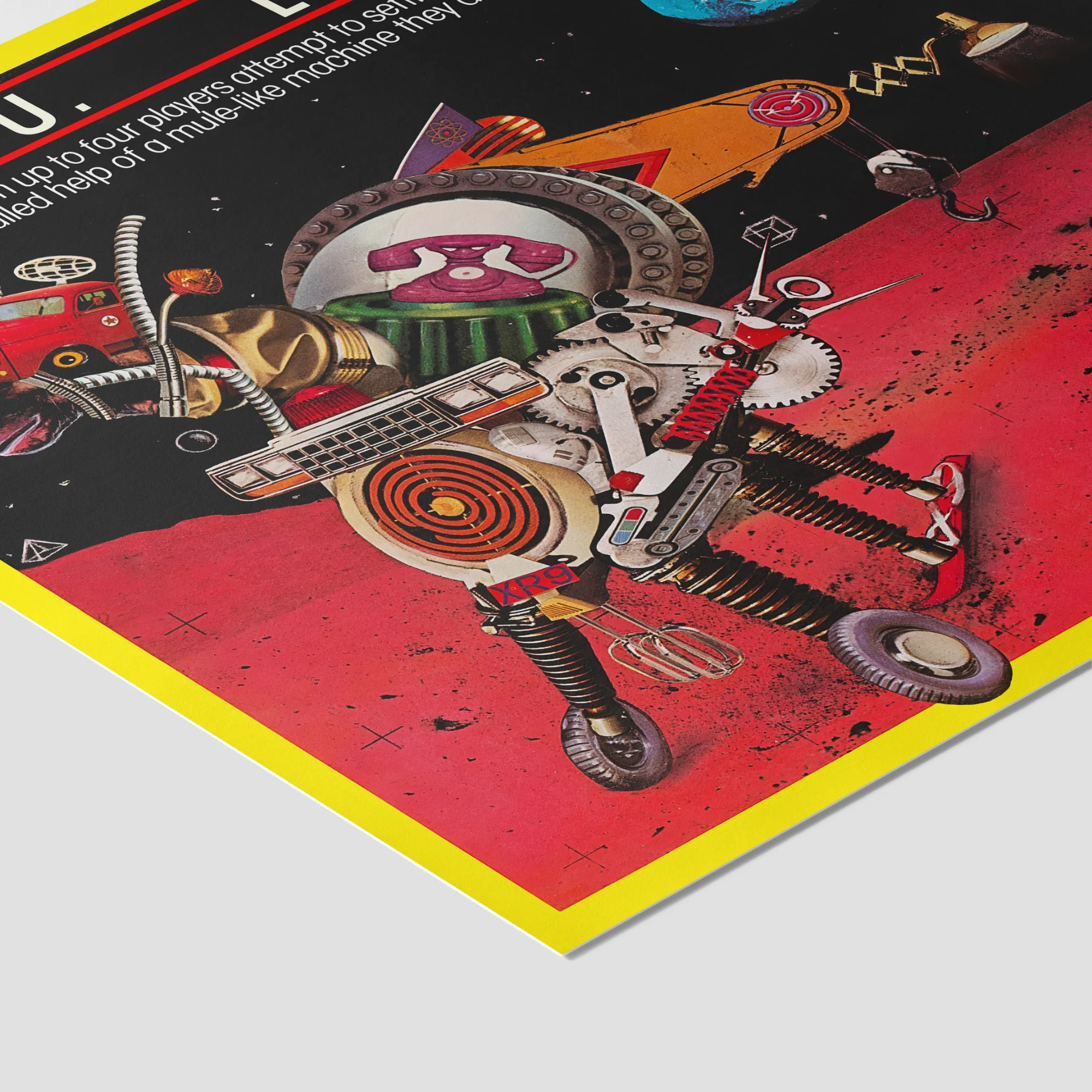 Colourful robotic figure playing guitar on space-themed board game.
