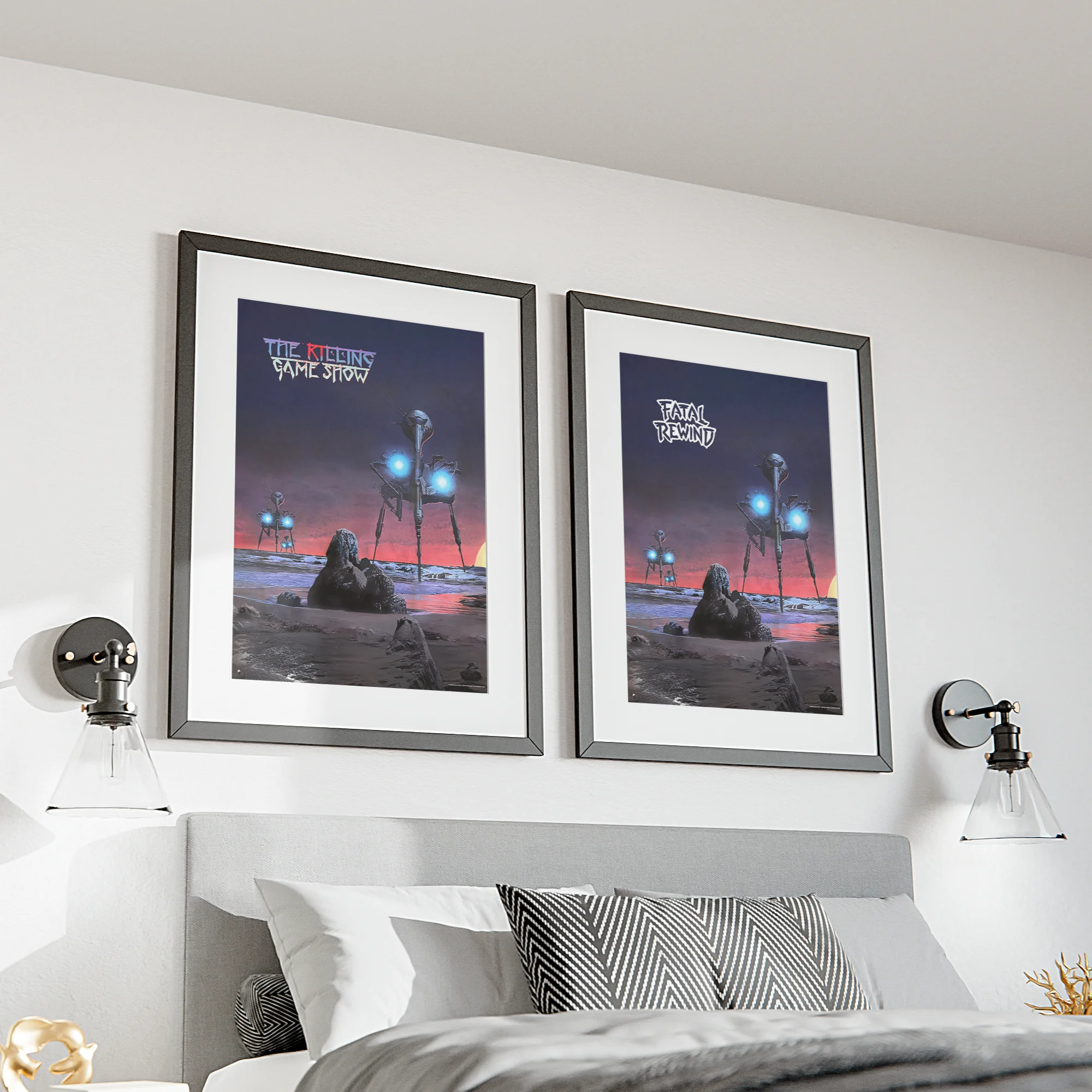 Framed sci-fi posters above bed in modern bedroom.