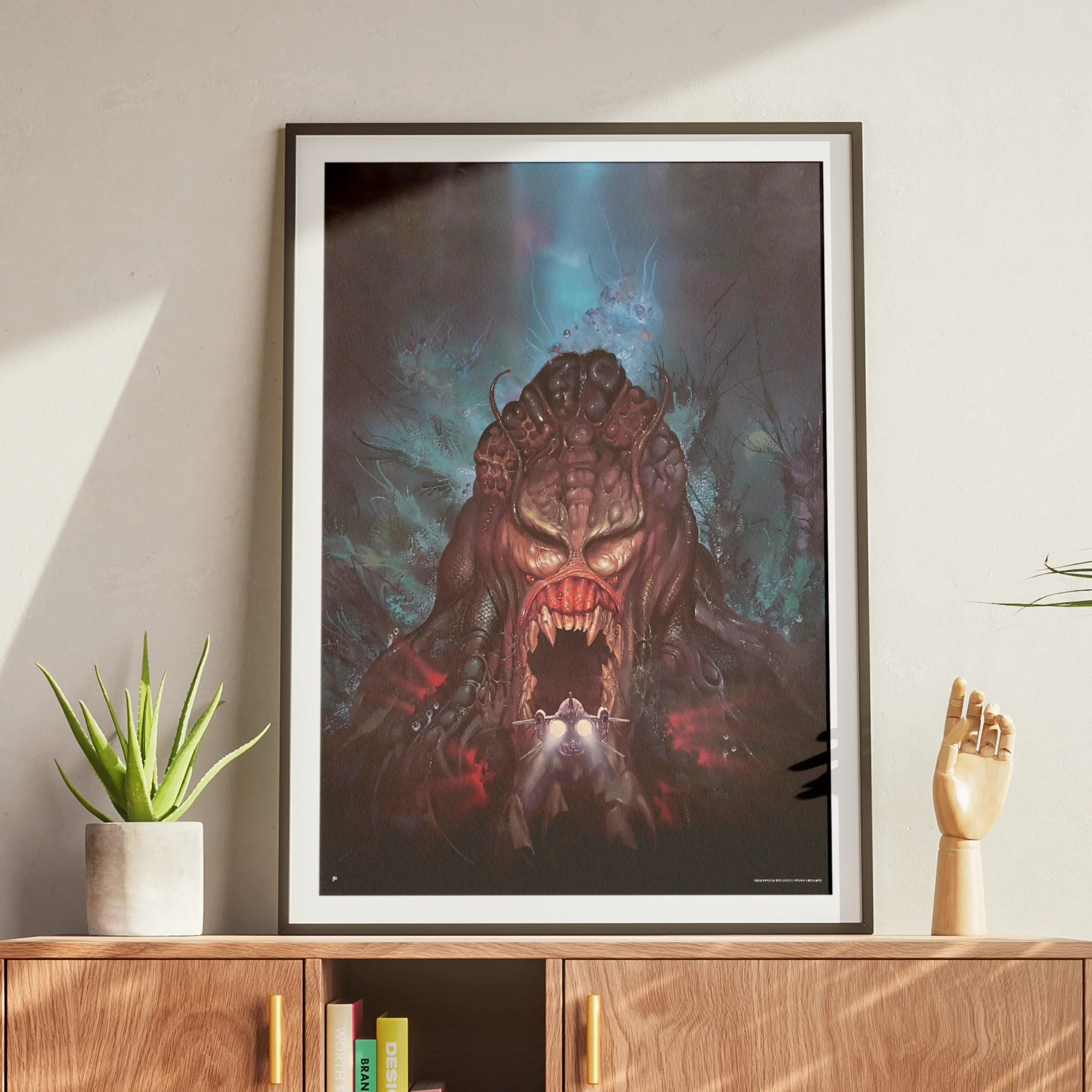 Framed artwork of fantastical monster in moody, surreal setting.