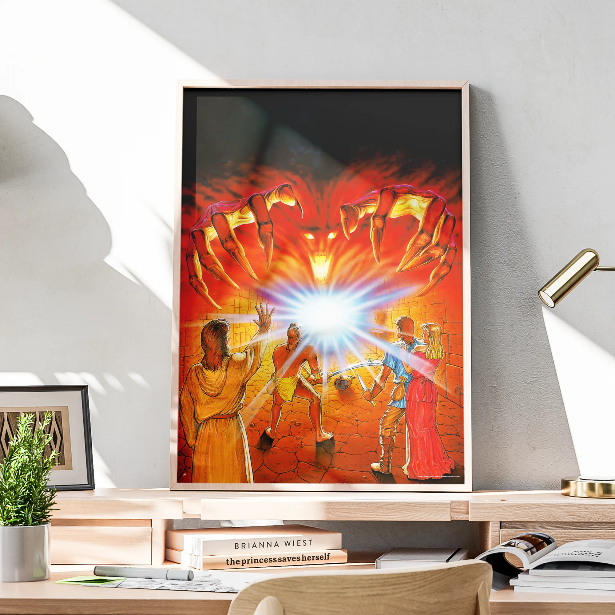 Fantasy poster of warriors fighting glowing mystical force.
