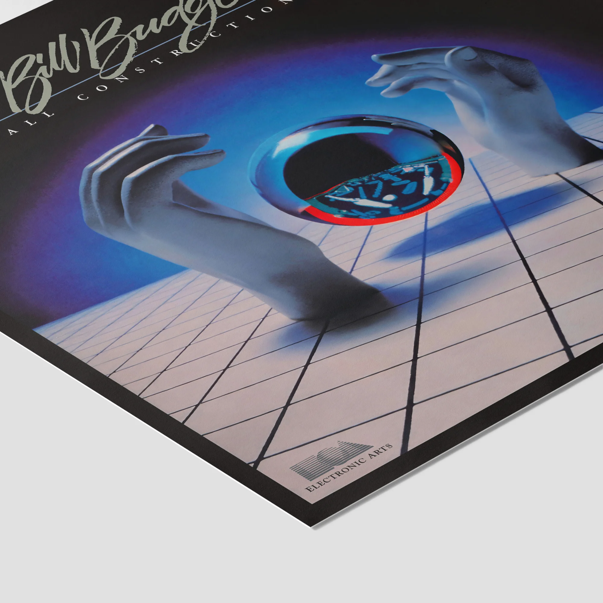 Hands manipulating a sphere over a grid in promotional artwork.