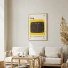 Vintage 'Pong' game poster on living room wall