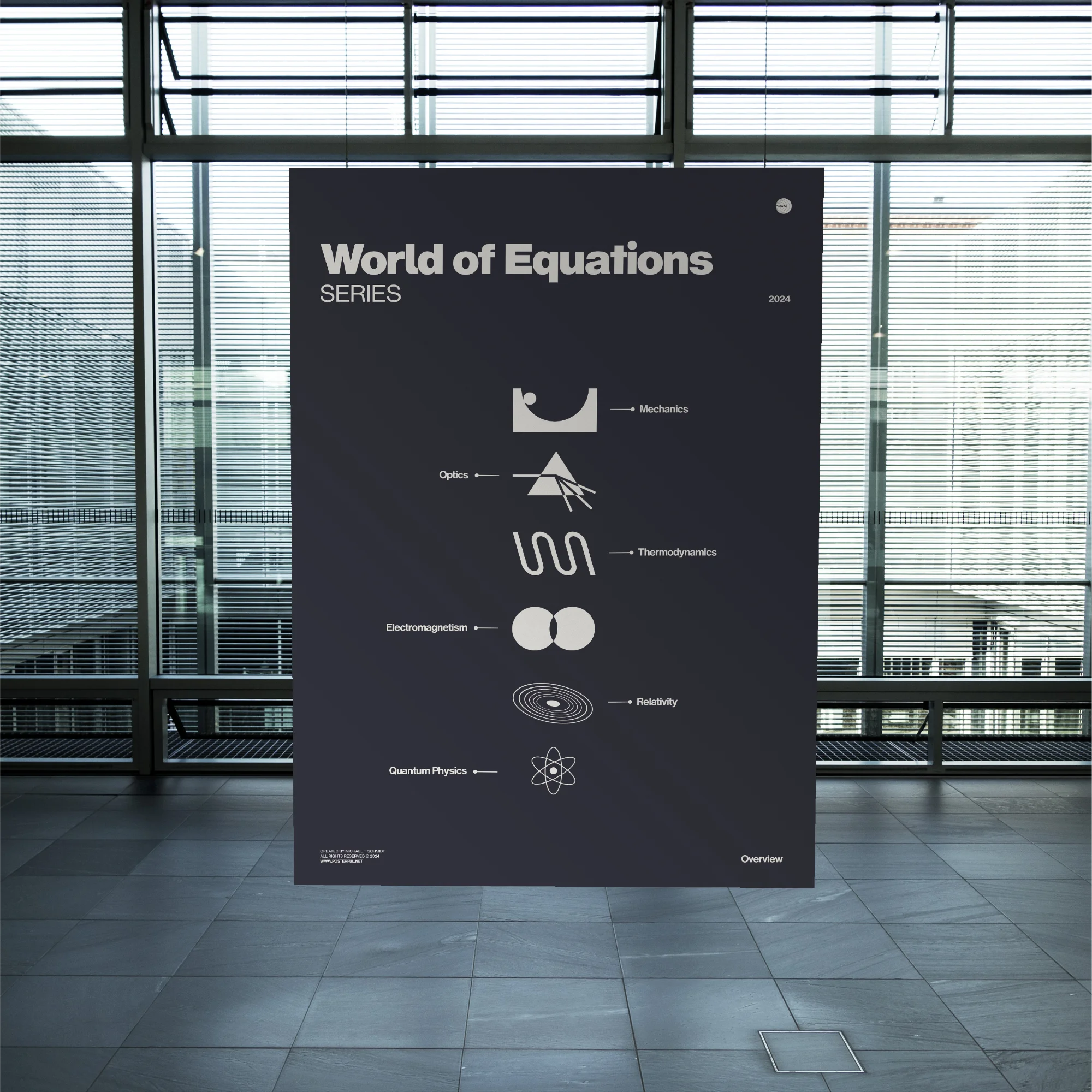 Educational poster 'World of Equations Series' in modern lobby