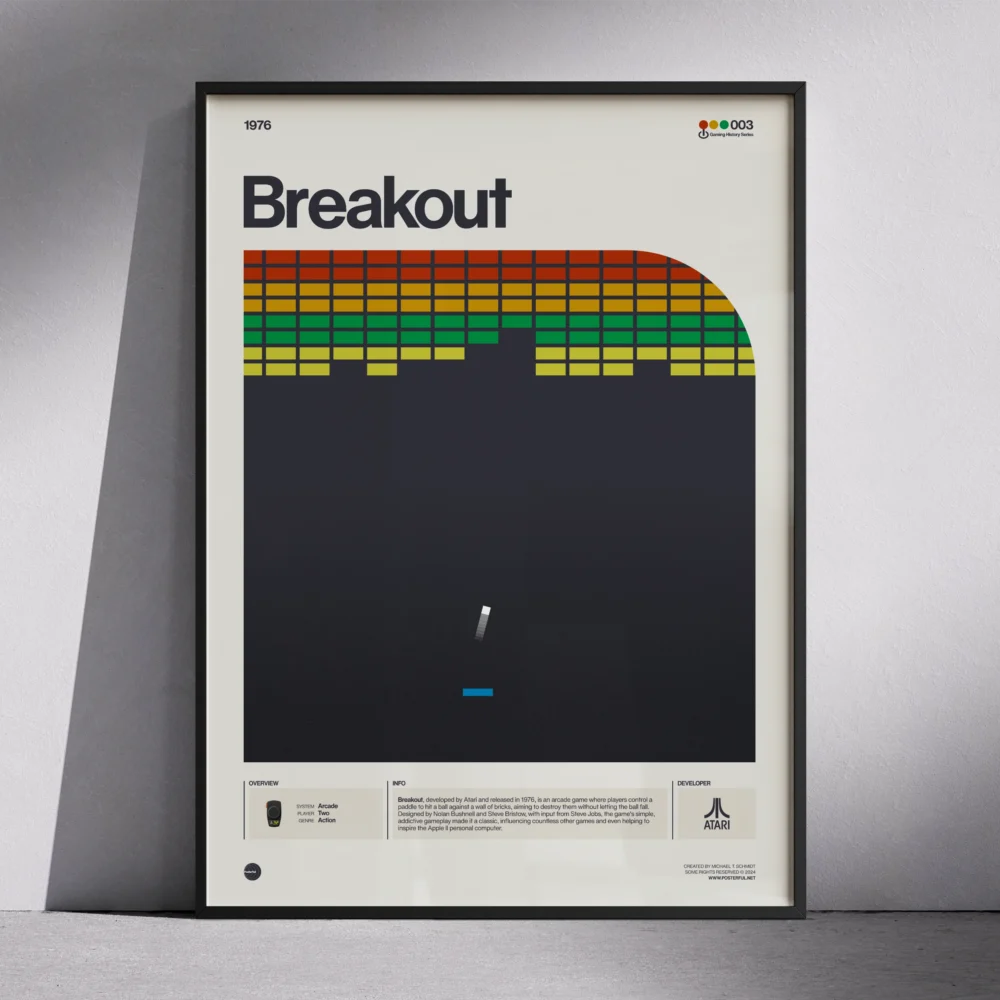 Framed Breakout poster featuring a stylised depiction of colourful blocks and paddle gameplay.