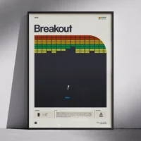 Framed Breakout poster featuring a stylised depiction of colourful blocks and paddle gameplay.