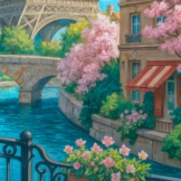 Close-up view of a peaceful riverside walkway with blooming flowers and a quaint stone bridge.
