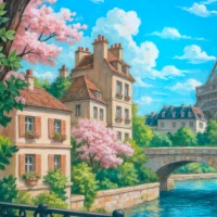 Detail of charming Parisian buildings alongside cherry blossom trees from the poster.