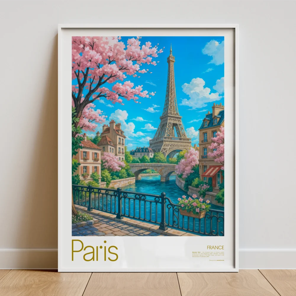 Vintage-style travel poster of Paris, featuring the Eiffel Tower, cherry blossoms, quaint buildings, and a serene river scene.