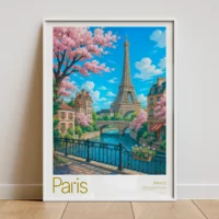 Vintage-style travel poster of Paris, featuring the Eiffel Tower, cherry blossoms, quaint buildings, and a serene river scene.