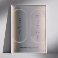 Poster showing Maxwell’s Equations with a soft neon-pastel gradient background and minimalistic field illustrations.