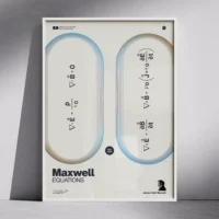 Maxwell Equations poster in thin white frame with curved field lines, displayed against grey wall