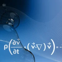 Close-up of the Navier–Stokes equation symbols in white on a glowing blue background.