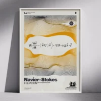 Minimalist Navier–Stokes equation poster in thin white frame, displayed against a grey wall