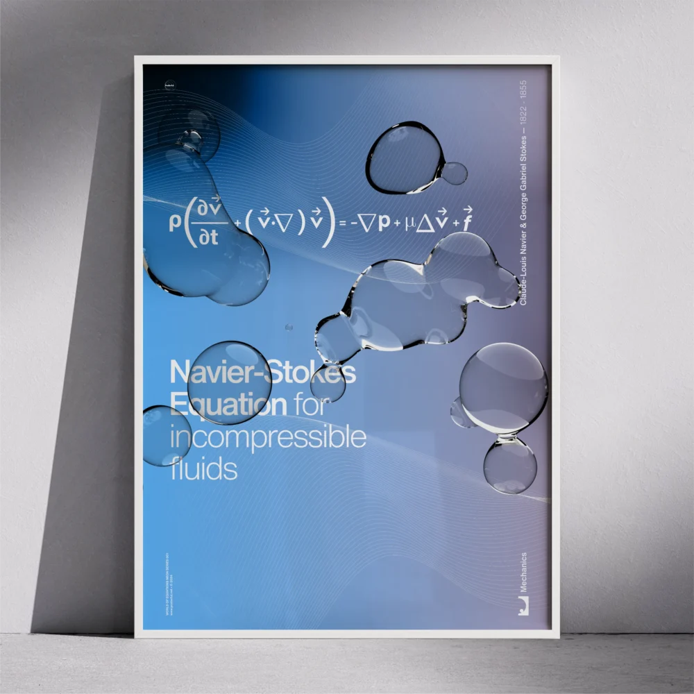 Poster of the Navier–Stokes Equation for incompressible fluids, designed with a neon blue gradient and bubble motif.