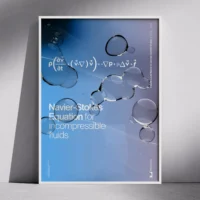 Poster of the Navier–Stokes Equation for incompressible fluids, designed with a neon blue gradient and bubble motif.