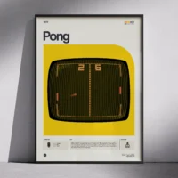 Framed poster showing a minimalist yellow design featuring classic Pong gameplay on a retro TV screen.