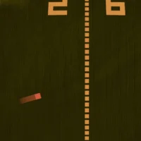 Close-up of the iconic Pong gameplay, displaying paddles, ball, and scores in simplistic pixel graphics.