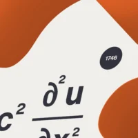 Close-up of the equation with crisp typography and orange wave background