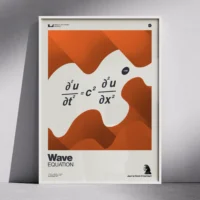 Wave Equation poster in thin white frame, with curved red waves and clean equation at centre