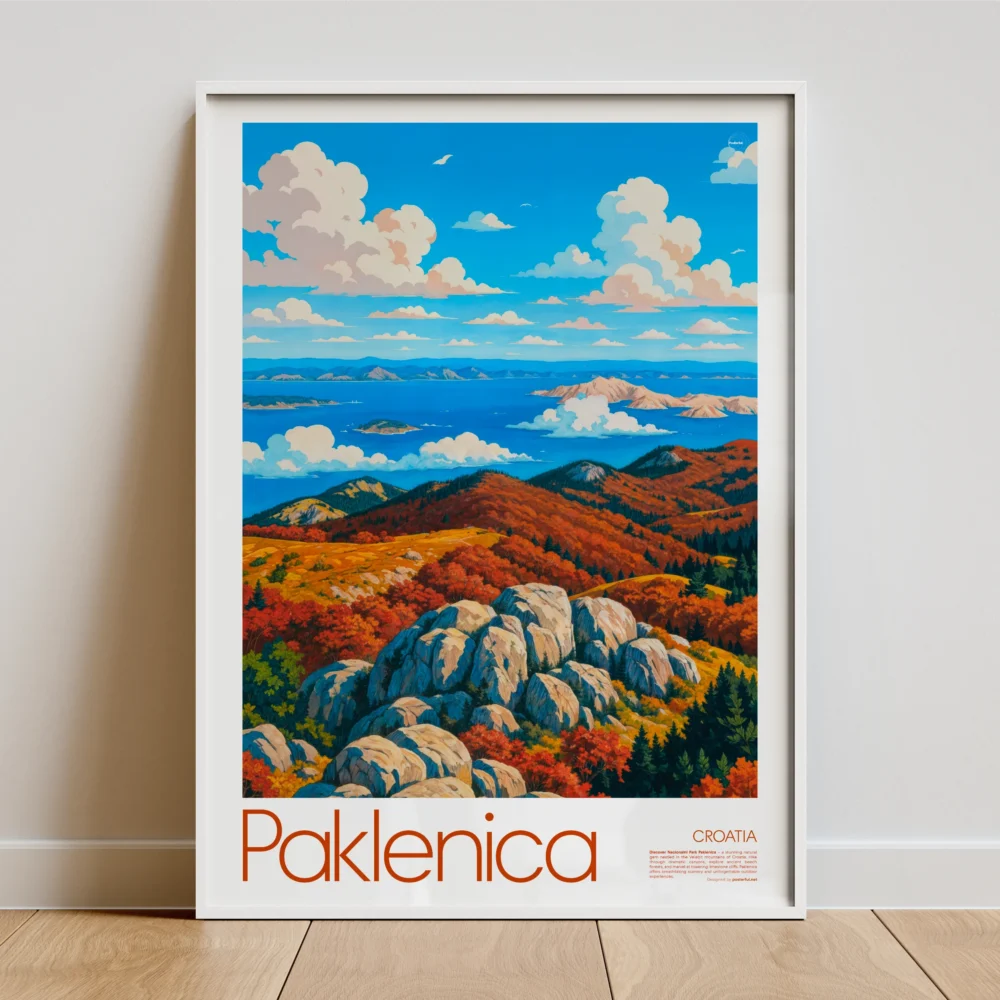 Vintage-style travel poster showcasing Paklenica National Park with rocky mountains, vivid autumn forests, and the Adriatic Sea under a bright sky.