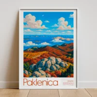 Vintage-style travel poster showcasing Paklenica National Park with rocky mountains, vivid autumn forests, and the Adriatic Sea under a bright sky.