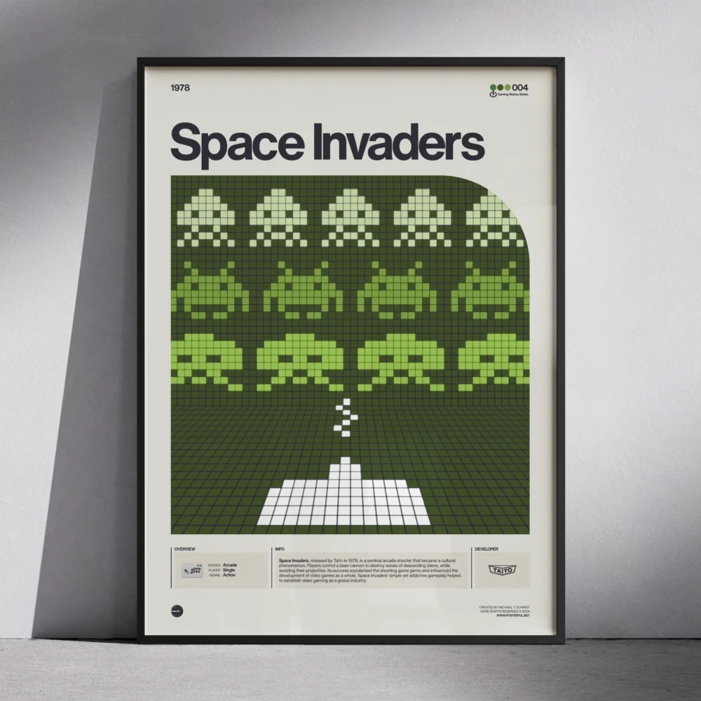 Framed Space Invaders poster showing iconic green alien sprites descending on a grid background.