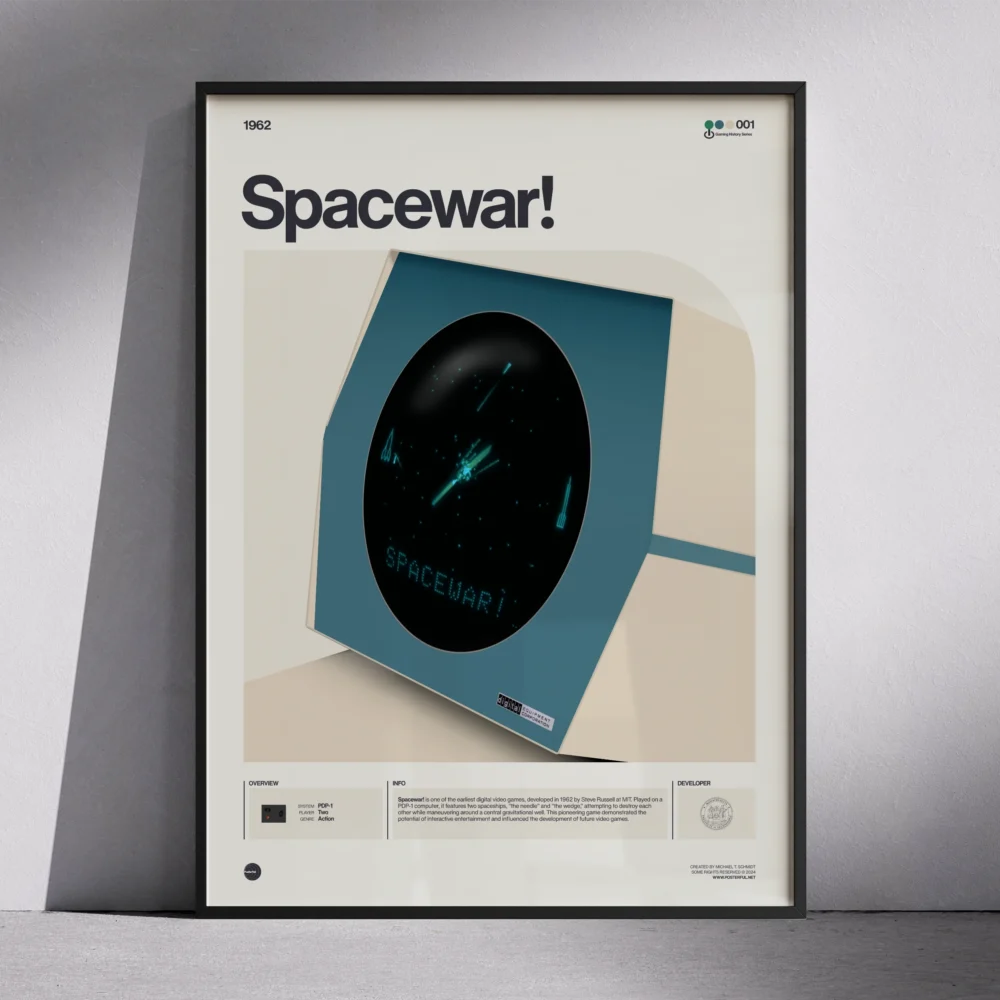 Framed Spacewar! poster showing a retro monitor with the classic gameplay.