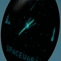 Close-up of Spacewar! gameplay depicting ships and stars in minimal vector graphics.