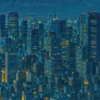 Detail of Tokyo’s bustling urban landscape illuminated by lights at dusk from the artwork.