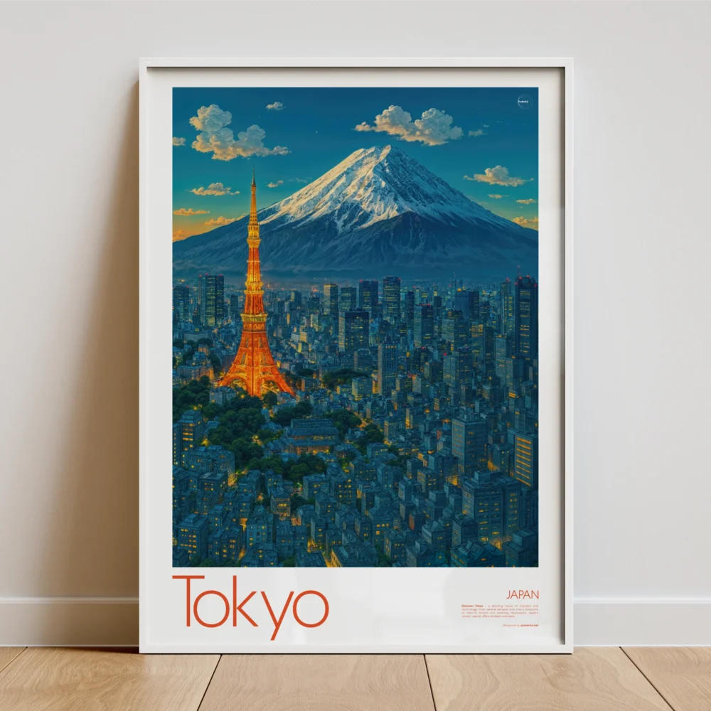 Vintage-style travel poster showcasing Tokyo Tower illuminated amidst a glowing cityscape, with majestic Mount Fuji rising dramatically in the background.