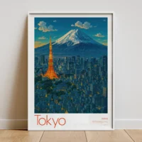 Vintage-style travel poster showcasing Tokyo Tower illuminated amidst a glowing cityscape, with majestic Mount Fuji rising dramatically in the background.