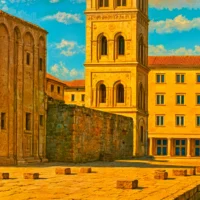 Unframed Zadar vintage travel poster (likely A3) hanging on neutral wall, interior decor mockup featuring Croatia coastal art