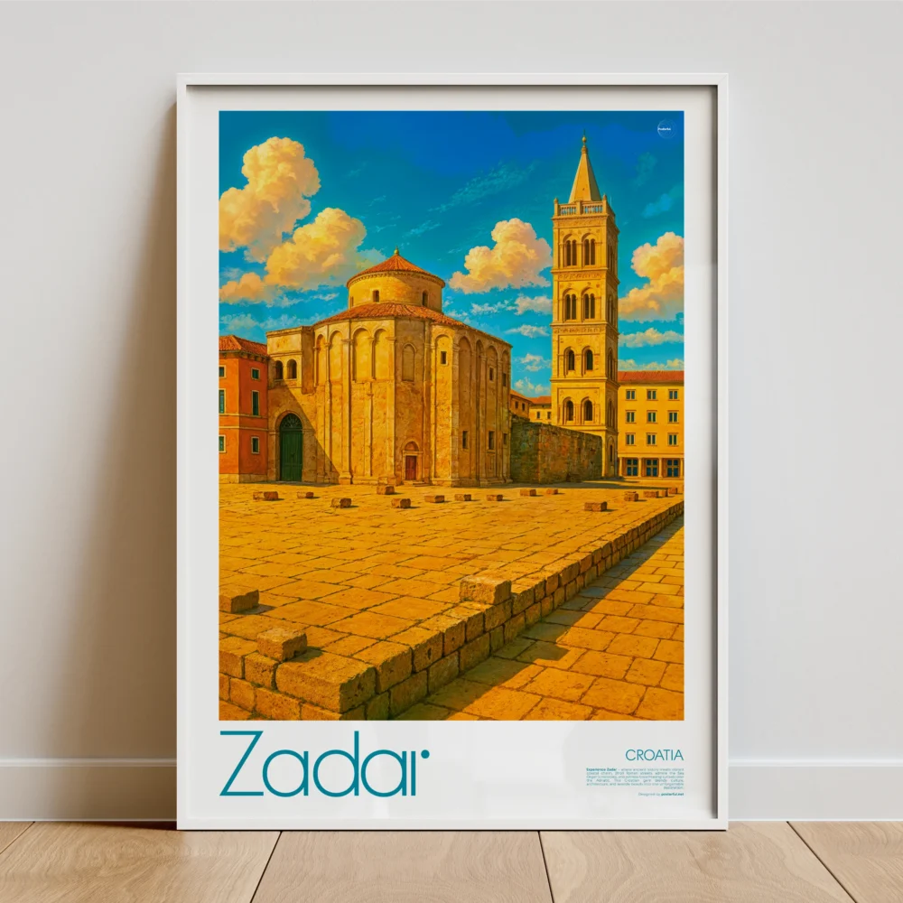 Stylised Zadar travel poster showing Church of St Donatus and Roman ruins in warm retro tones, unframed Croatia wall art print