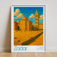 Stylised Zadar travel poster showing Church of St Donatus and Roman ruins in warm retro tones, unframed Croatia wall art print