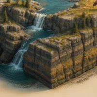 Geological cross-section with rock layers beneath alpine landscape