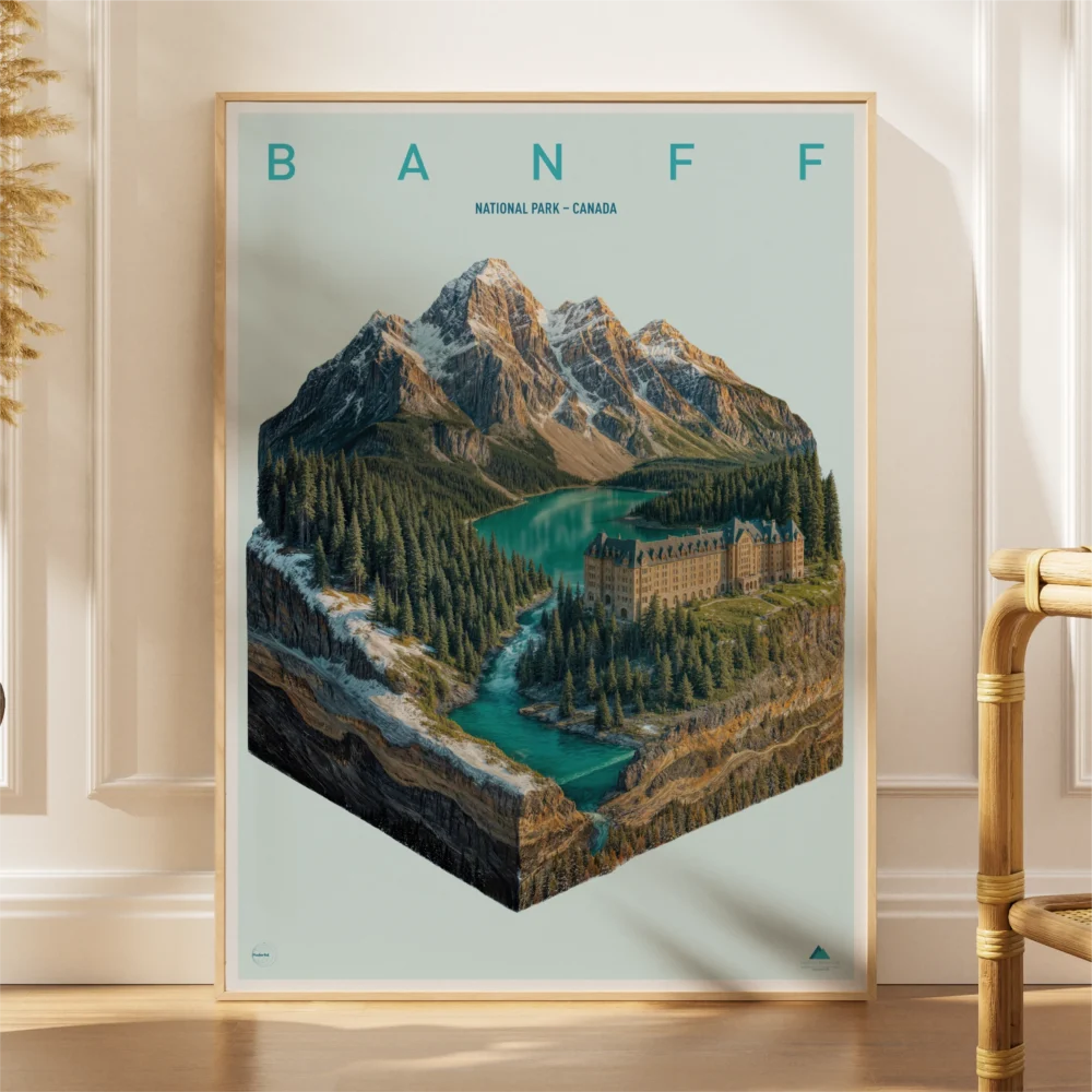 Framed 3D-style Banff National Park poster with mountain peaks, lake, and lodge