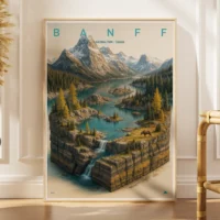 Framed 3D-style Banff National Park poster with mountain peaks, lake, and lodge