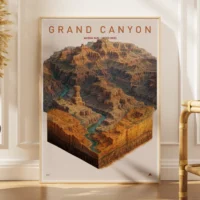 Framed 3D-style Grand Canyon poster with layered red rock formations and winding river