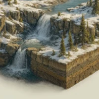 Cutaway cross-section revealing rocky strata beneath frozen waterfalls