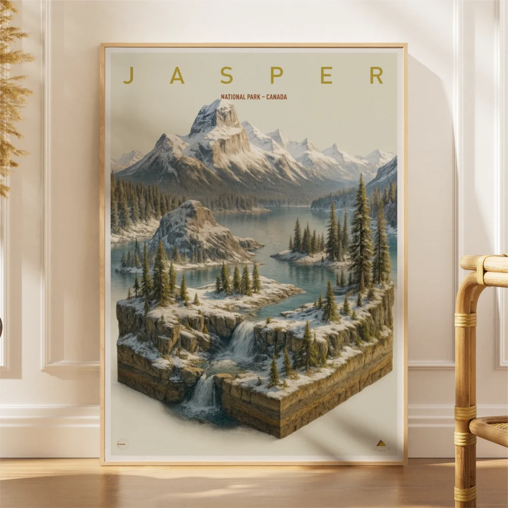 Framed 3D-style Jasper National Park poster with snowy terrain, lake, and mountains