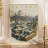 Framed 3D-style Jasper National Park poster with snowy terrain, lake, and mountains