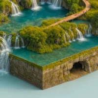 Close-up of wooden footbridge winding through the lakes and falls