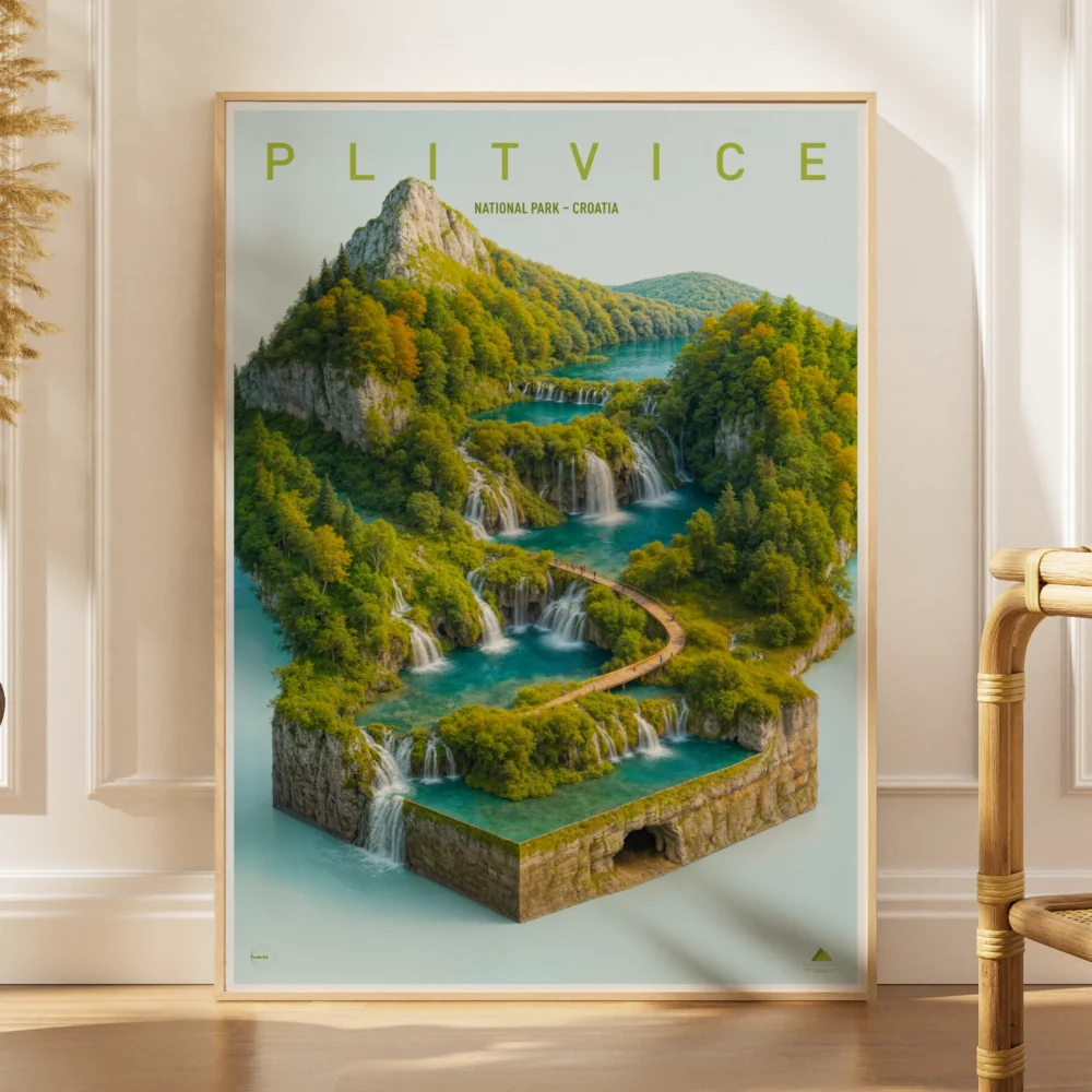 Framed 3D-style Plitvice National Park poster with lush forest and waterfalls