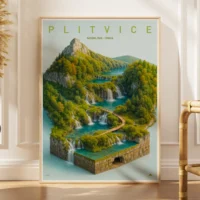 Framed 3D-style Plitvice National Park poster with lush forest and waterfalls