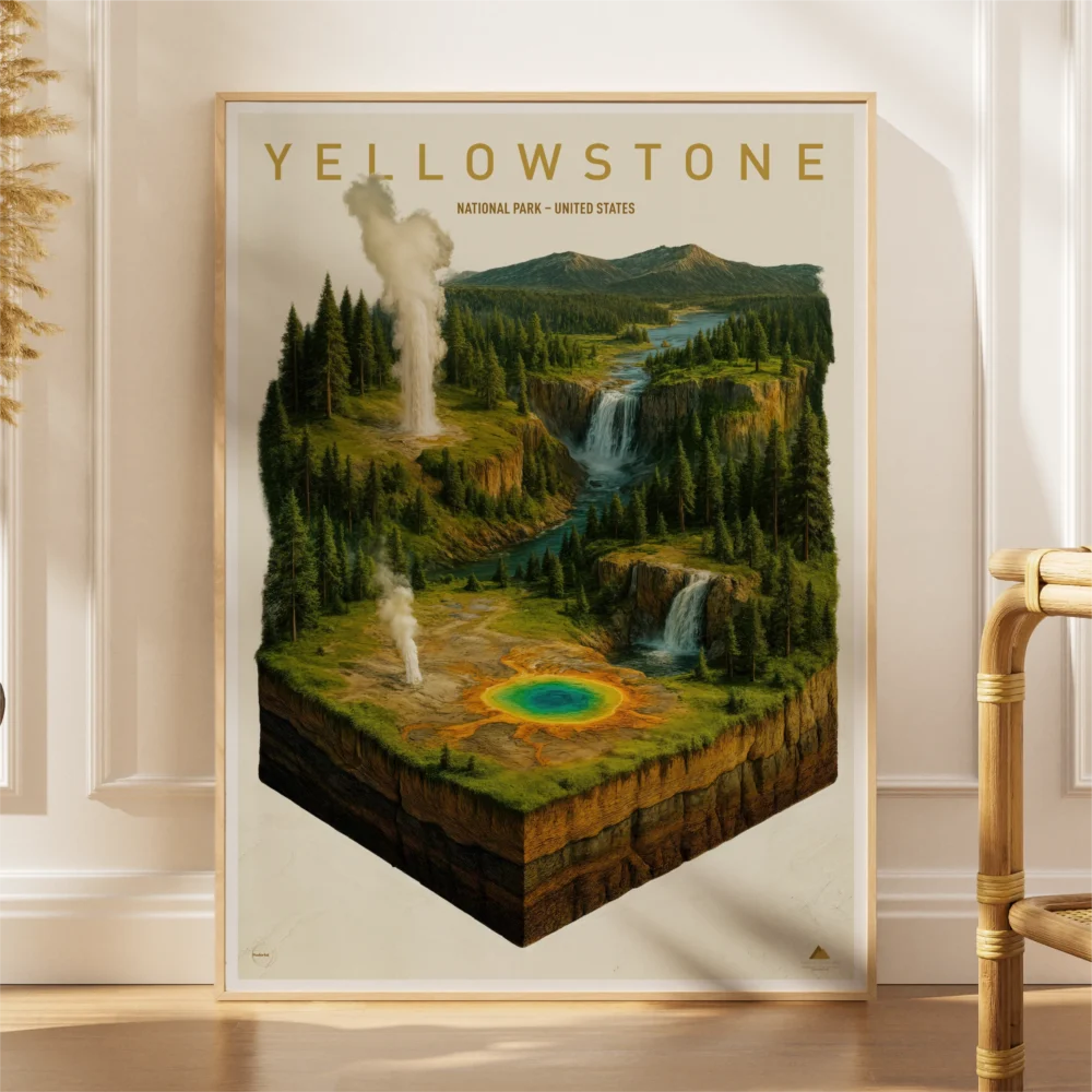 Framed 3D-style Yellowstone poster featuring geysers, waterfalls, and colourful thermal spring