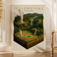 Framed 3D-style Yellowstone poster featuring geysers, waterfalls, and colourful thermal spring