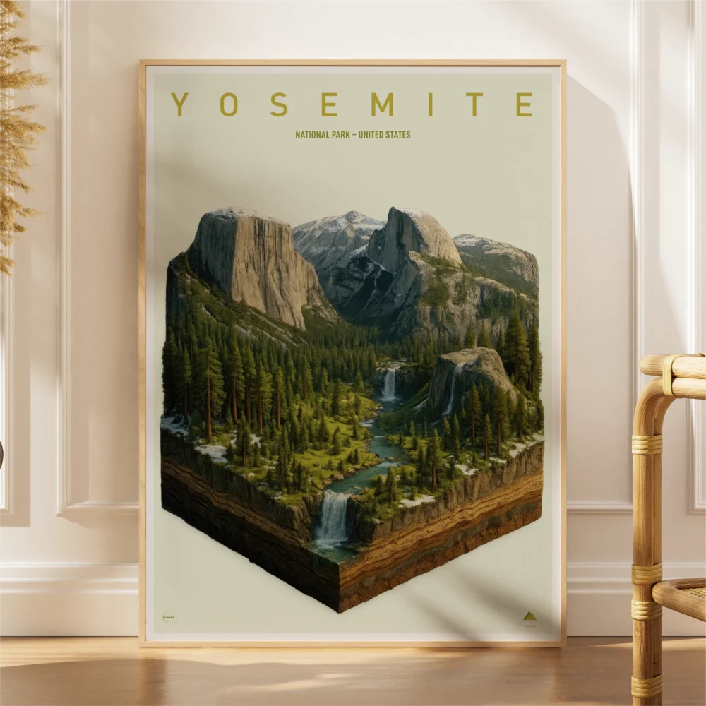 Framed 3D-style Yosemite National Park poster featuring granite cliffs and forests