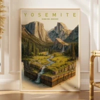 Framed 3D-style Yosemite National Park poster featuring granite cliffs and forests