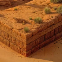 Cross-section terrain showing layered red sandstone formations