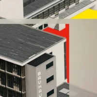 Close-up of the Bauhaus typography on the building façade within the poster design.